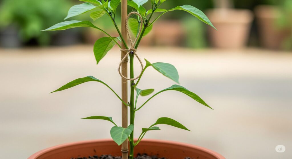 プランターに植えられた万願寺とうがらしの株が支柱で支えられ、その茎が支柱に8の字のループで結ばれている様子