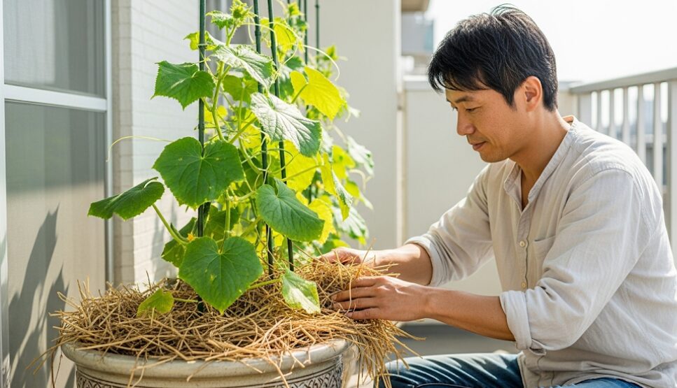 プランター栽培でのマルチング