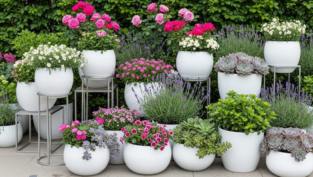 花壇の中に植木鉢をセンス良く配置する.